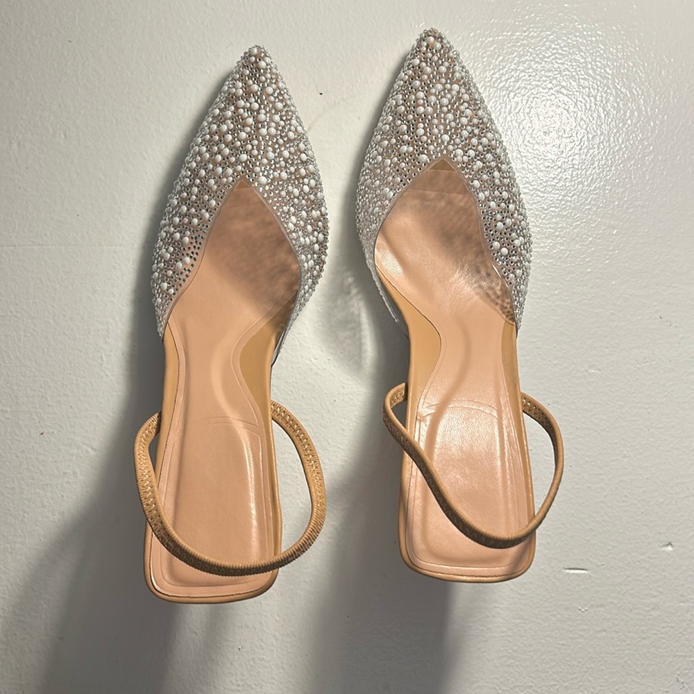 Size 7 Clear Heels with Pearl Studded Pointed Toe Sparkly Rhinestone BRAND NEW